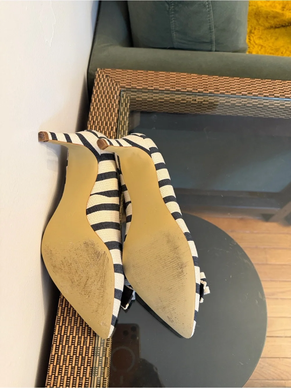 J. Crew Navy and Cream Striped Pointed-Toe Bow Heels